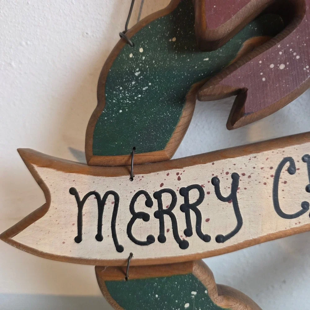 Rustic 90s Wood Merry Christmas Wreath Wall Door Hanging Country Green Bow